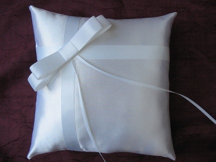 WHITE Satin Wedding Ring Bearer Pillow w Bow