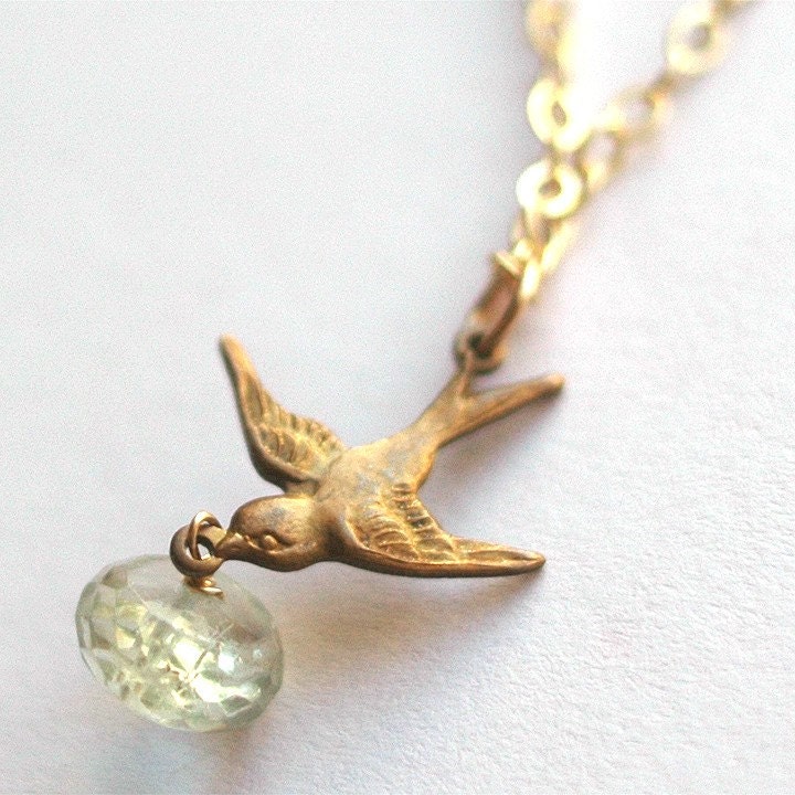 To Bring You My Love - gold filled necklace brass sparrow green amethyst