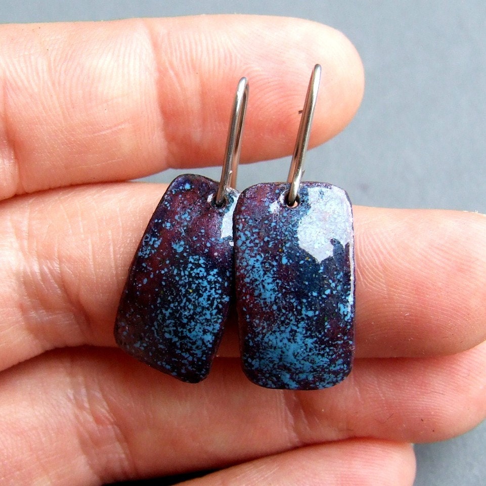 Copper Blue Enamel Earrings by dreamspiralart