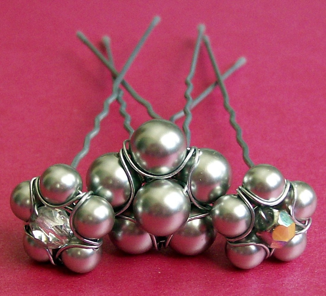 Wedding Belles - Swarovski Pearl Fire Polished Czech Glass Bead Hair Pins (Set of 3)