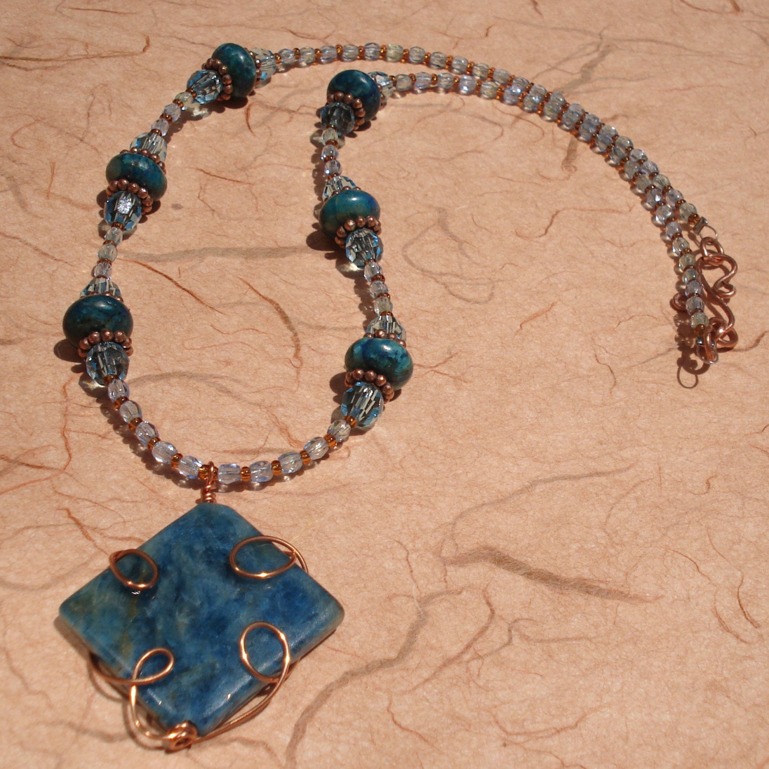 blue apatite pendant with copper beads