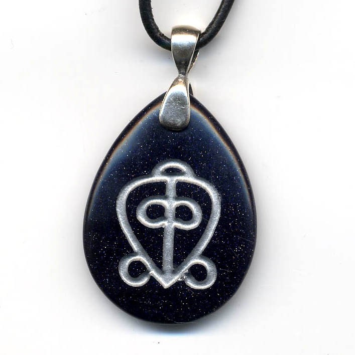  FIE KWAN --African Adinkra Symbol -- Sandcarved Blue Goldstone Pendant