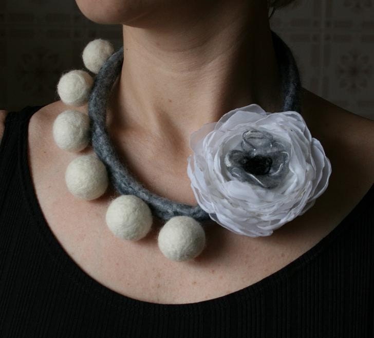 White ROSE--felted necklace