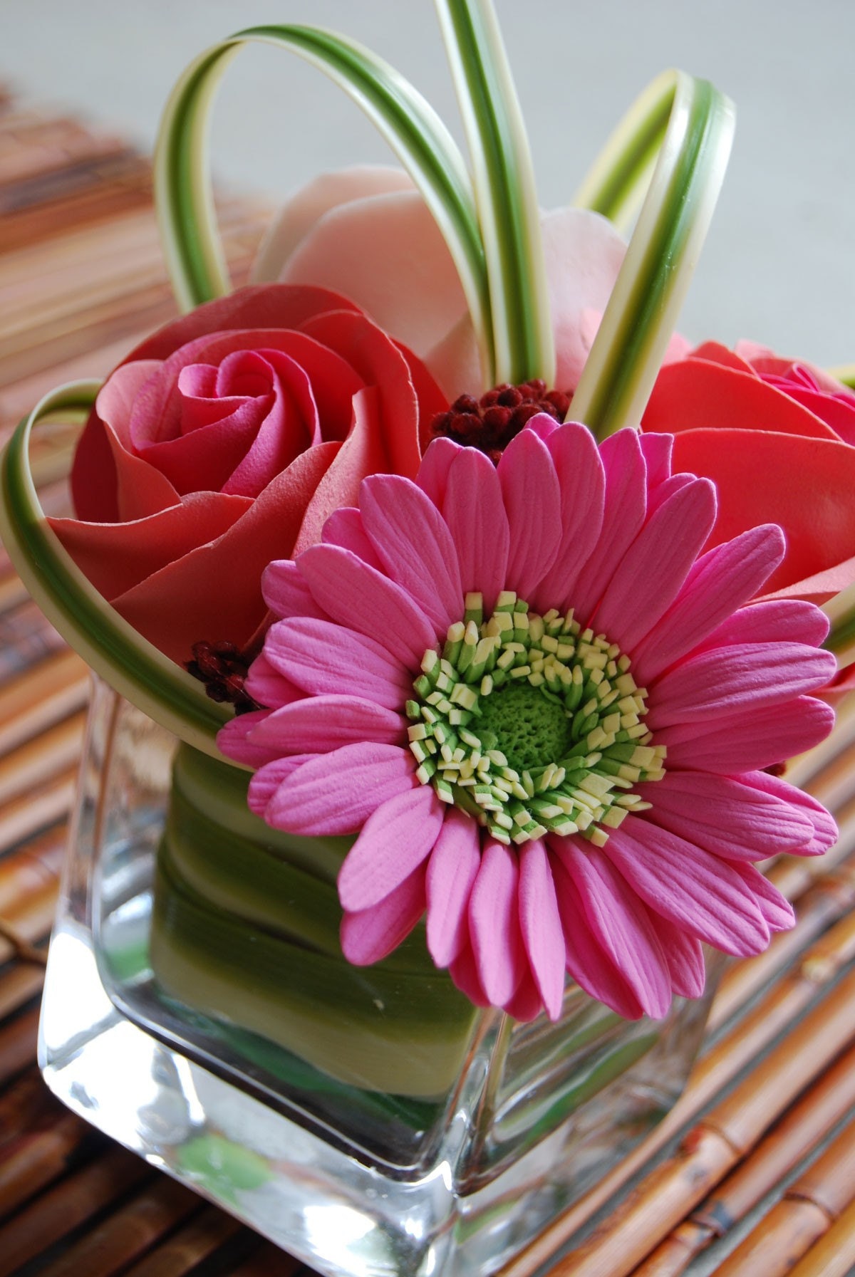 Pink Gerbera, Pink and Peach Roses, and Grasses