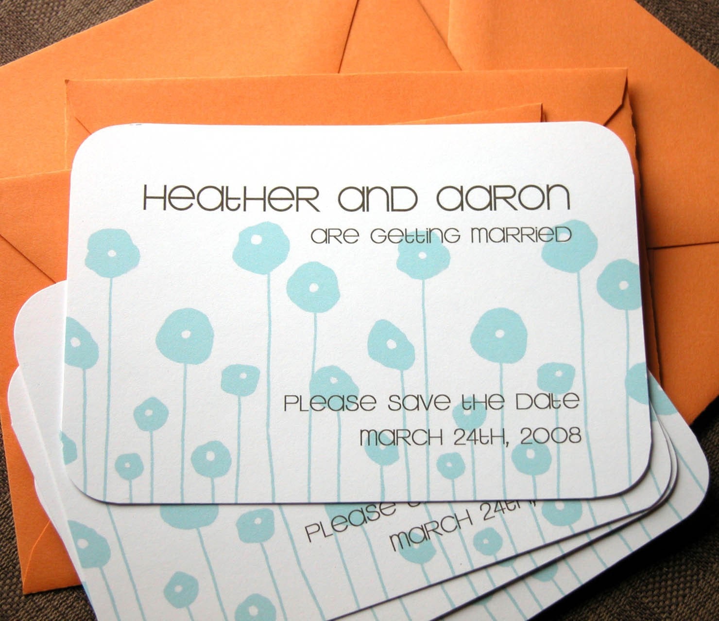 25-Save the Date Cards with Aqua Poppies and Brown Text-Orange Envelopes