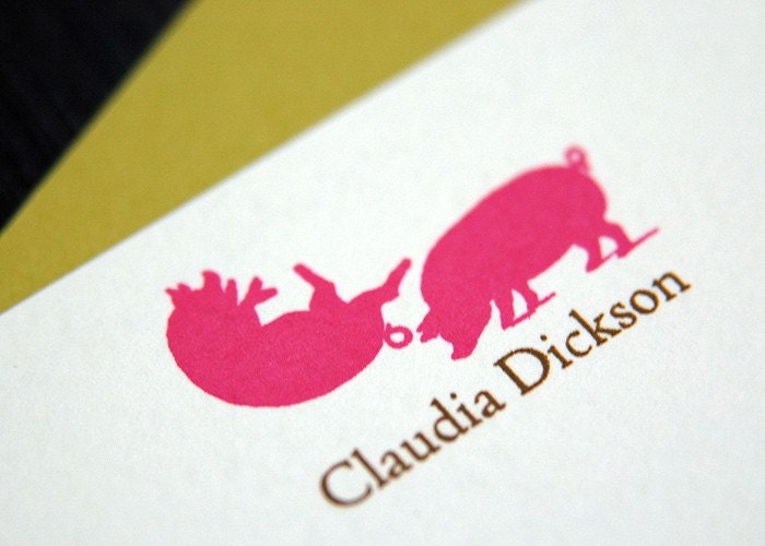 Set of 20 Personalized Flat Note Card Silhouette of Laughing Pigs