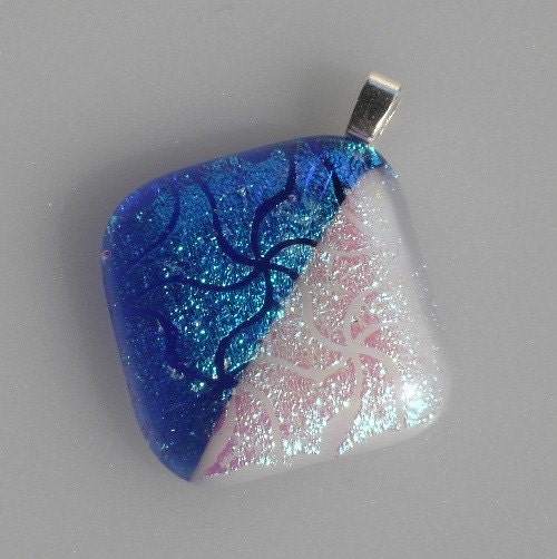 Blue white fused dichroic glass pendant