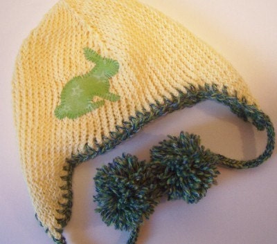 Handknit Baby Earflap Hat with Bunny Embellishment, Yellow and Green