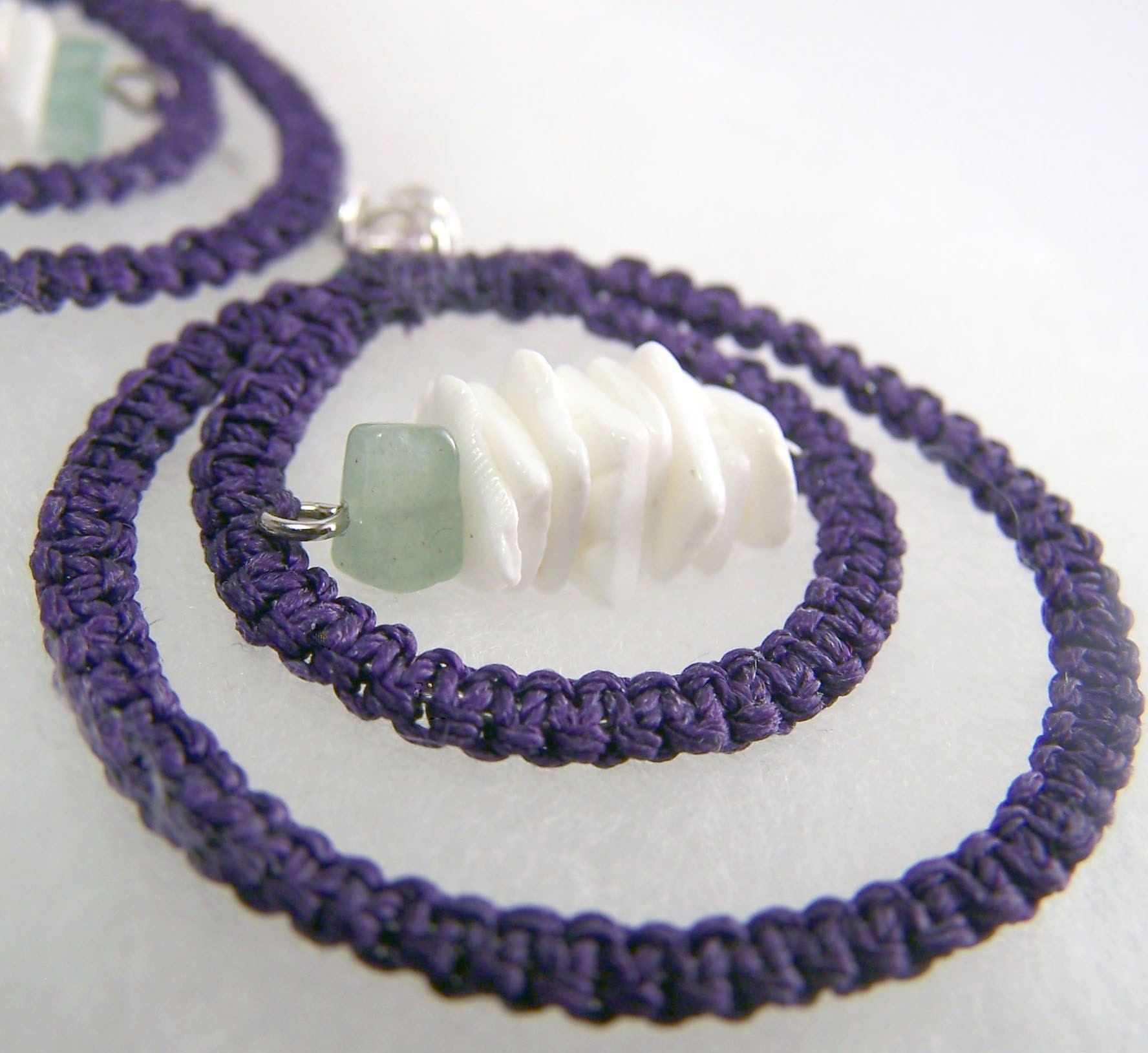 Tangent in Purple- Macrame Earrings with Shell and Aventurine Accents