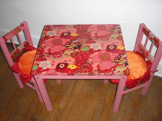 Oilily Kimono Fabric Decoupaged Childrens Table and Chairs Set by Gibberjabber Design