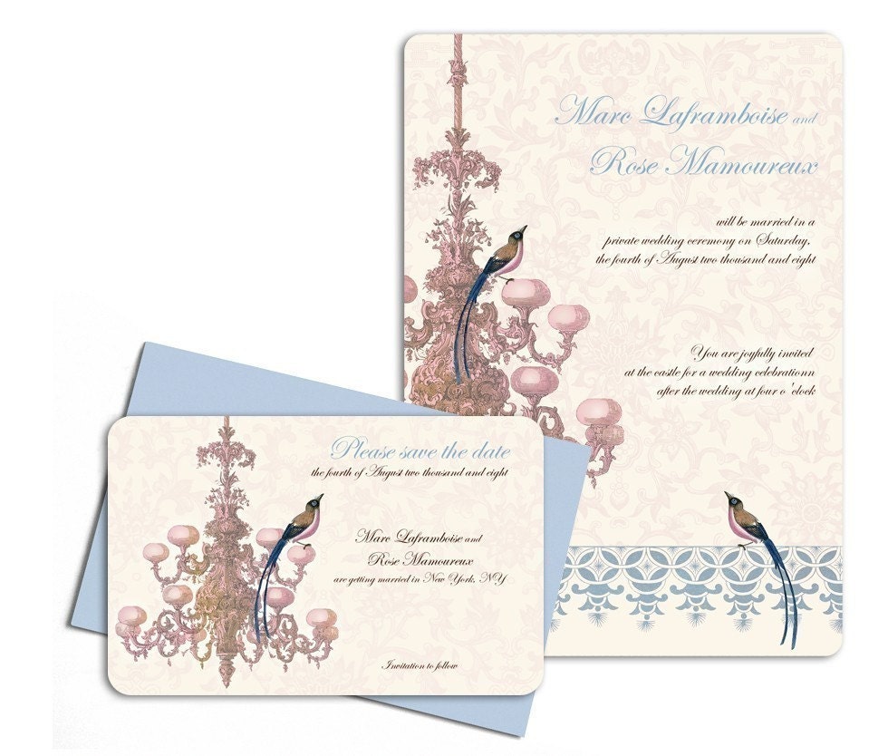 Chandelier and blue eyed bird- wedding invitation sample set