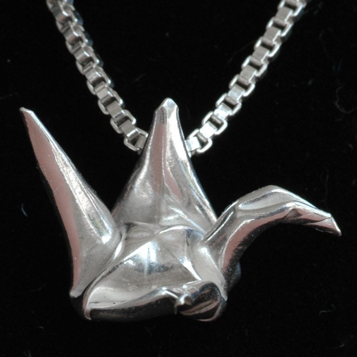 Fine Silver Metalgami (Origami) Peace Crane (Tsuru) Pendant on a Sterling Silver Necklace