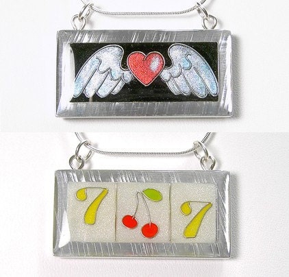 Reversible Aluminum Necklace, Heart with wings and Vegas slot machine