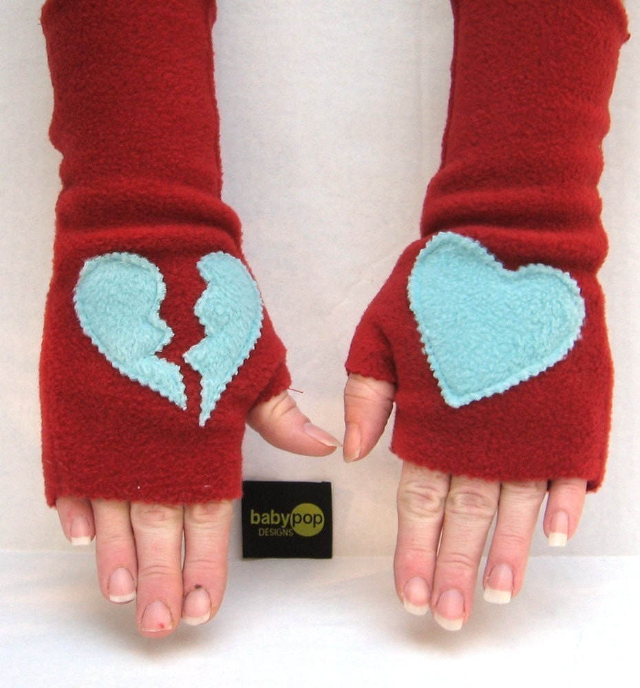 Rust and Blue Broken Heart Adult Fingerless Gloves 