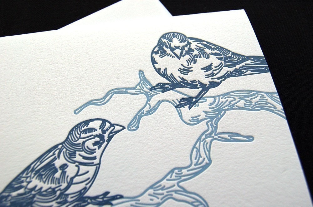 Letterpress greeting card, blue birds