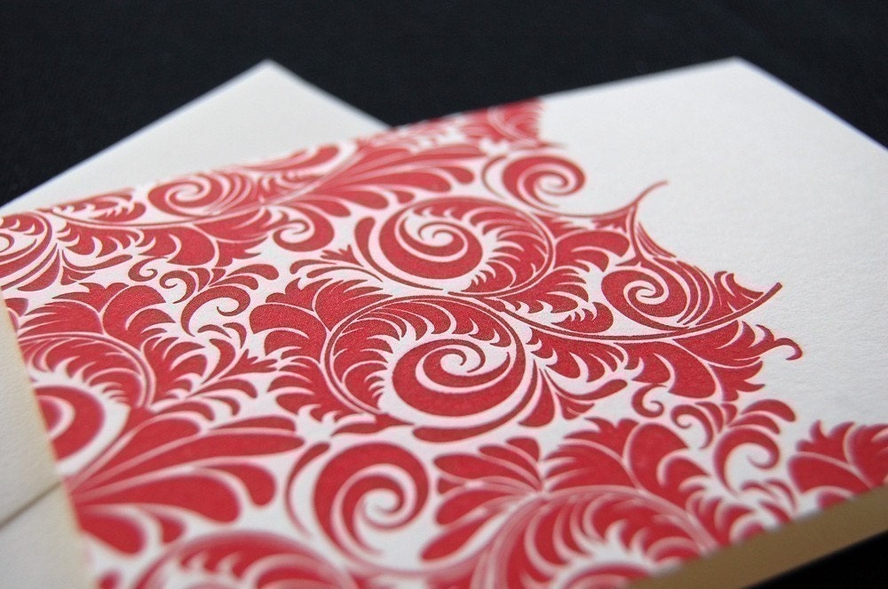 Beautiful red pattern, letterpress greeting card SET