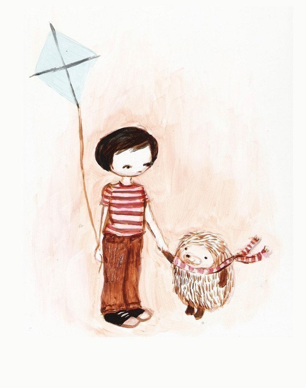 Boy and Hedgehog on a Windy Day Print