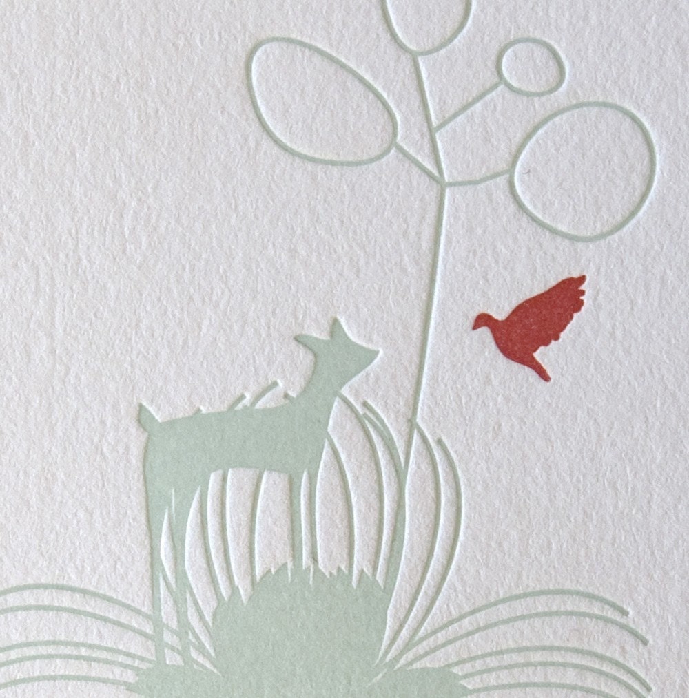 Letterpress Print, deer with flowers and bird