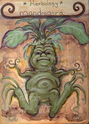 Mandrake by valarie79<br><br>&quot;This is an original masonite panel painting of a mandrake.<br>The scream of the mandrake can make it's victim pass out or can be fatal. (used in a variety of potions)&quot;