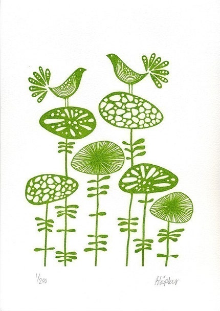 Green Birds on Flowers Limited Edition Original Art Screenprint (Gocco) 8x11 Paper Size