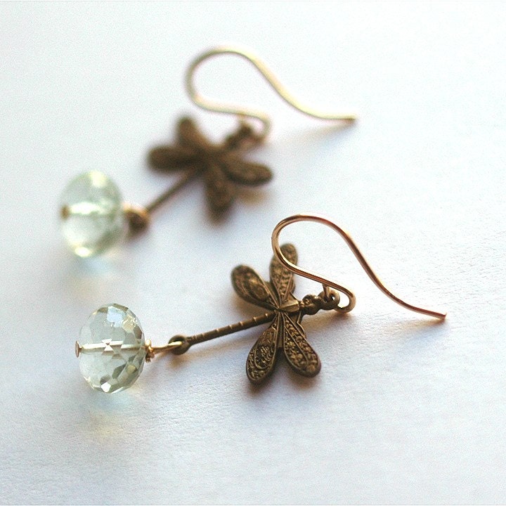 Dragonfly Dreams earrings - brass goldfill and prasiolite