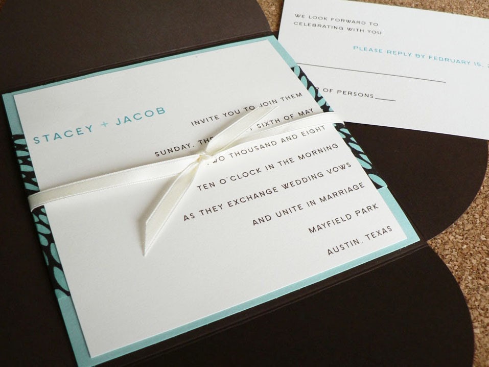 Wedding invitation set - Aqua and Chocolate petalfold