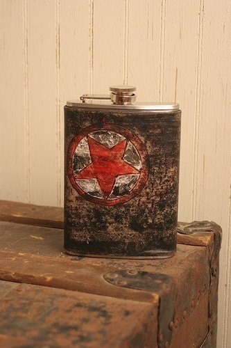 Lone Pattern Leather and Stainless Steel Flask - Black, White and Red