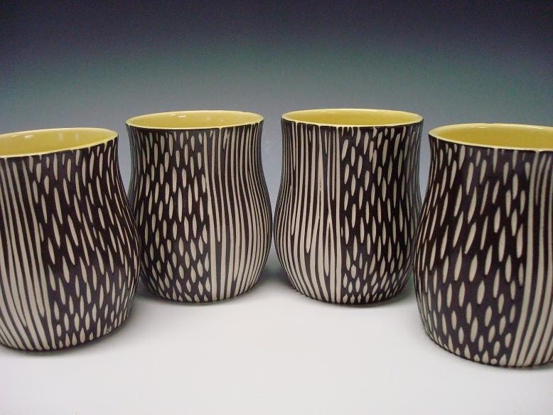 SET of 4 Porcelain CUP tumblers yellow black white 